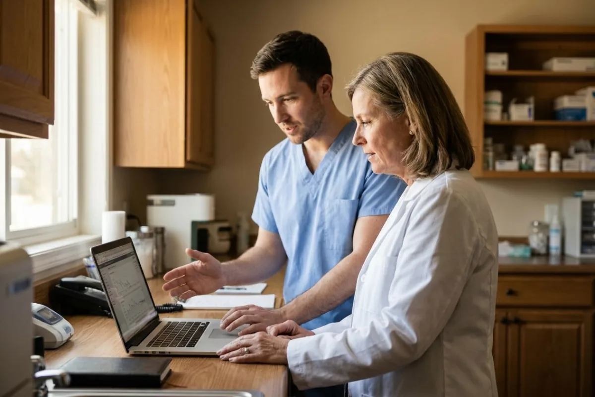 Two care-team colleagues reading a screen together in a clinic office