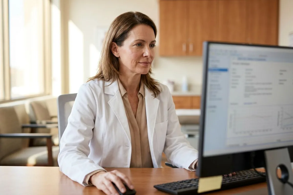 A physician at a clinic desk, reading notes on a monitor